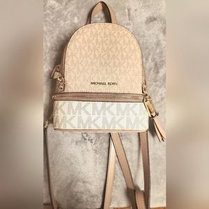 Michael Kors Women's Small Backpack Purse,White and Tan Multicolor